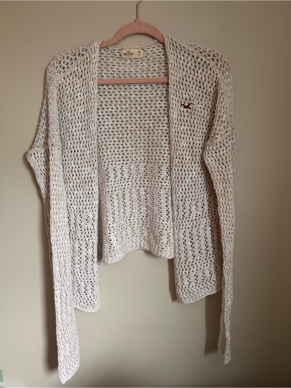 Hollister Cream Open-Knit Cardigan with Embroidered Logo